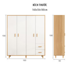 Tủ Quần Áo Trắng Vân Gỗ 160cm Nhiều Ngăn