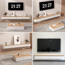 Kệ Tivi Trắng Vân Gỗ 160cm Bo Tròn Treo Tường