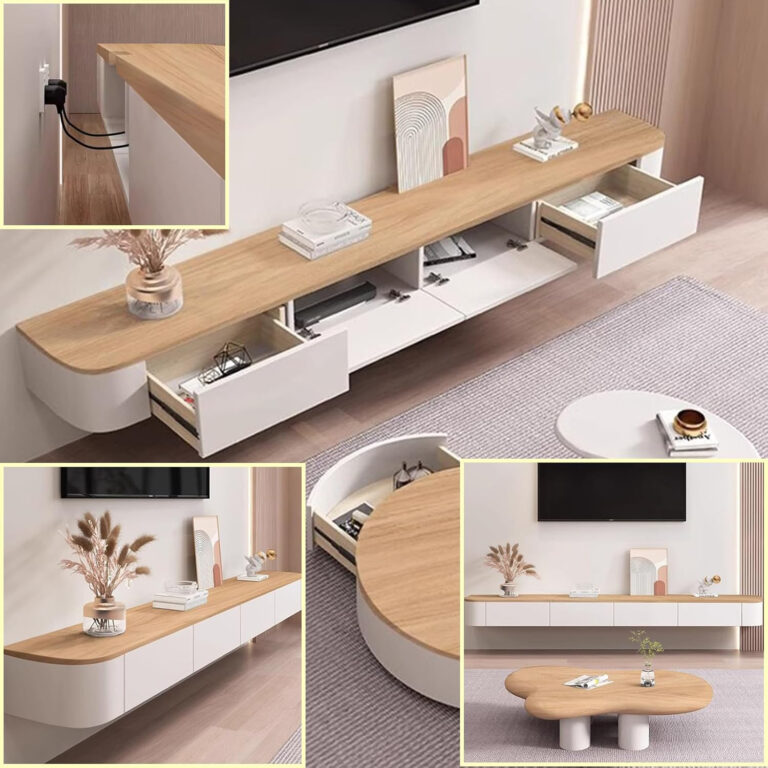 Kệ Tivi Trắng Vân Gỗ 160cm Bo Tròn Treo Tường