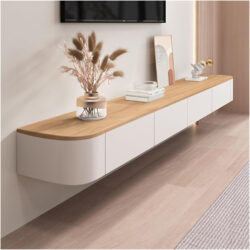 Kệ Tivi Trắng Vân Gỗ 160cm Bo Tròn Treo Tường